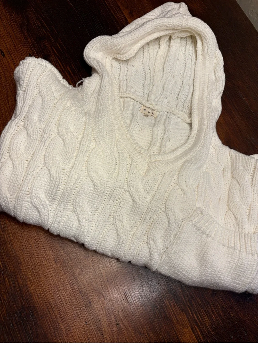 BOHO Style POL Brand Off White Cable-Knit Hooded Turtleneck Sweater